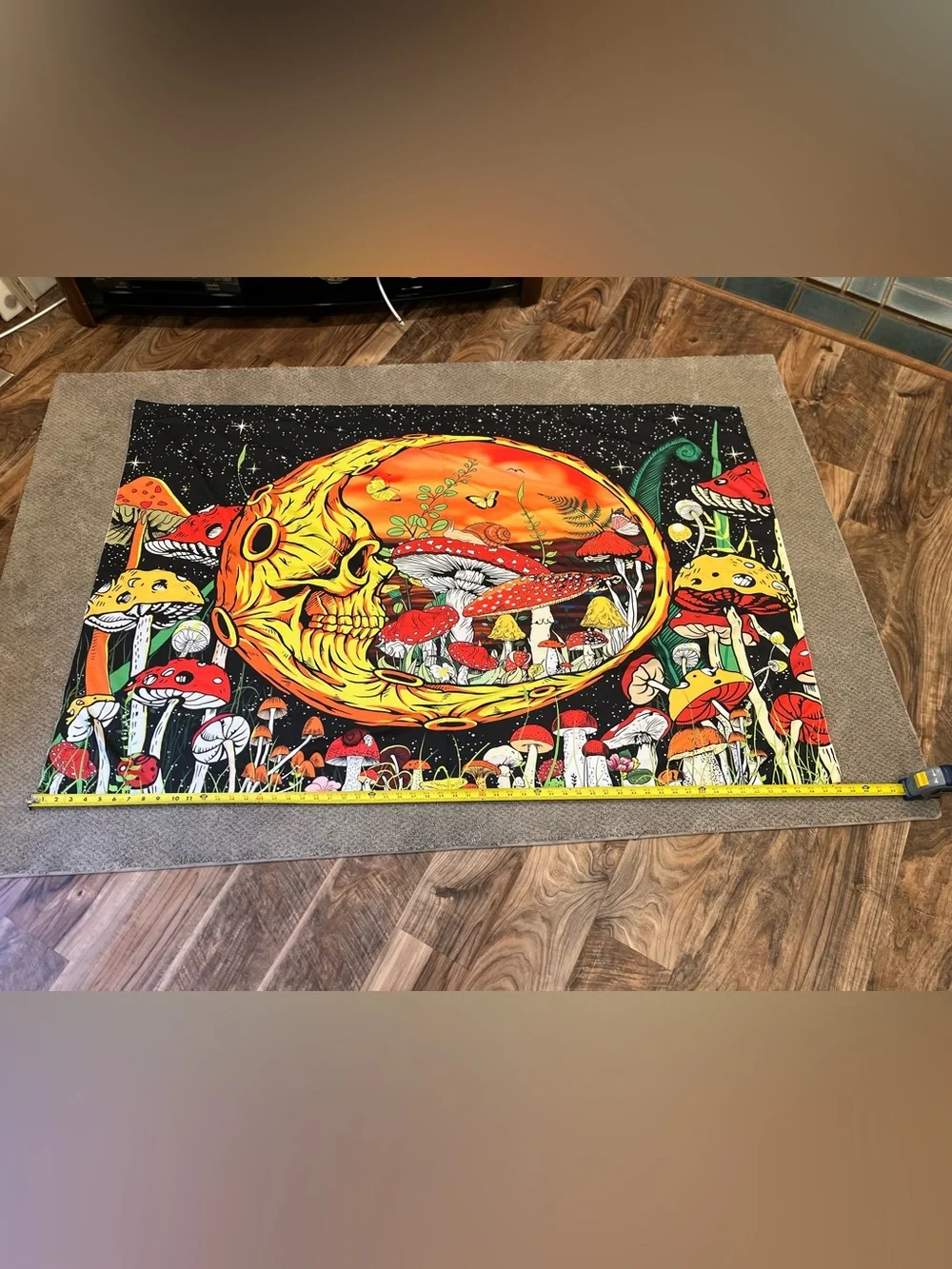 Orange & Red Psychedelic Mushroom, Butterfly, Skull Tapestry